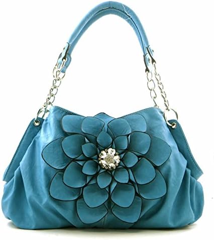 Rhinestone Center Flower Chain Tote Purse Handbag - Blue