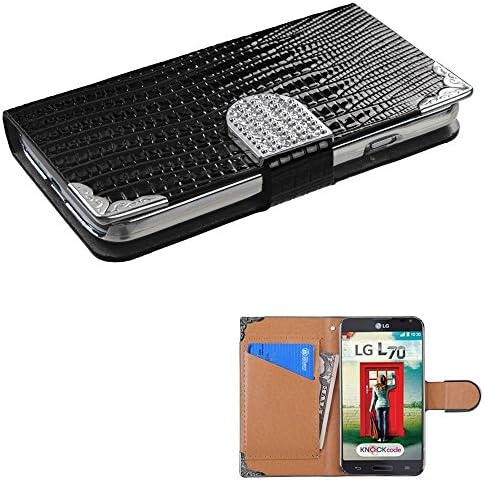 Glitter Wallet Card Holder Stand Armor Cover Protector Phone Case LG L70 + FREE PRIMO DESIGN CARTOON FOLDABLE TOTE BAG (BLACK / CROCODILE SKIN DESIGN)