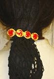 Hand Crocheted Black Rayon Cotton Gimp Small Dress Snood Mounted on French Barrette with Three Antique Gold Buttons Hair Clip