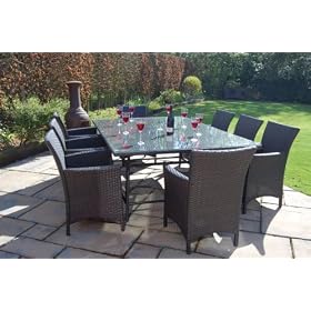 Milano Deluxe Rattan Dining Set, 8 Armchairs with Cushions and a 200x140cm Rectangle table with an Aluminium Frame for All Year Outdoor & Indoor use.