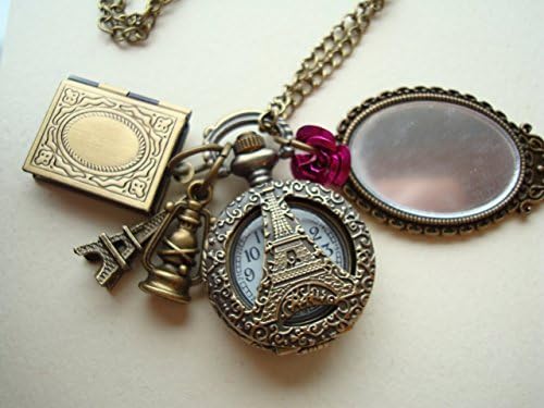 Eiffel Tower Beauty and the Beast Glass Mirror Pocket Watch Necklace