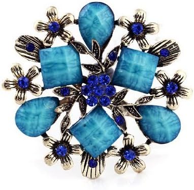 JADE Olines Antique Style Female Vintage Brass Plated Blue Rhinestones Crystals Pearls Flower Petals Leaves Brooches Pin Clips