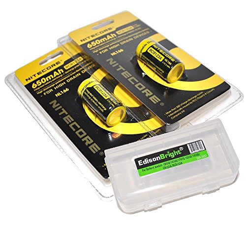 2 Pack Nitecore RCR123A NL166 3.7V 650mA 2.4Wh 650mAh Protected Li-ion Rechargeable Batteries with EdisonBright battery carry case 2 Pack Nitecore RCR123A NL166 3.7V 650mA 2.4Wh 650mAh Protected Li-ion Rechargeable Batteries with EdisonBright battery carry case