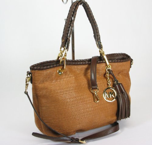 NEW AUTHENTIC MICHAEL KORS BENNET CONVERTIBLE SHOULDER STRAW TOTE (Luggage/Mocha)