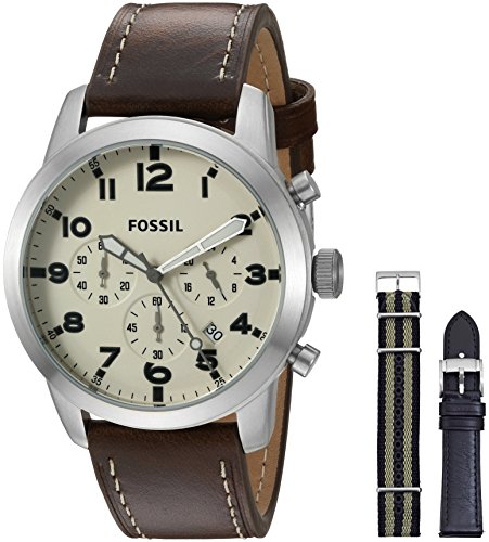 Fossil Men's FS5182SET Pilot 54 Chronograph Leather and Nylon Box Set