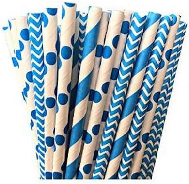 Romance Tales Food Grade Navy Blue Stripe Chevron Polk Dot Paper Straws Birthday, Baby Shower Wedding Supply Biodegradable Paper Straws 7.75 Inch Pack of 100