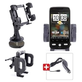 DURAGADGET Support Voiture Multifonction 3 en 1 pour HTC Desire HD - Support grille d'a�ration, pare-brise et tableau de bord + chargeur allume-cigare BONUS - Garantie � vie
