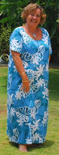 Round Neck Long Dress - Tiare Monstera Hawaiian Aloha Caftan Kaftan Style Evening Dress in Teal - XS