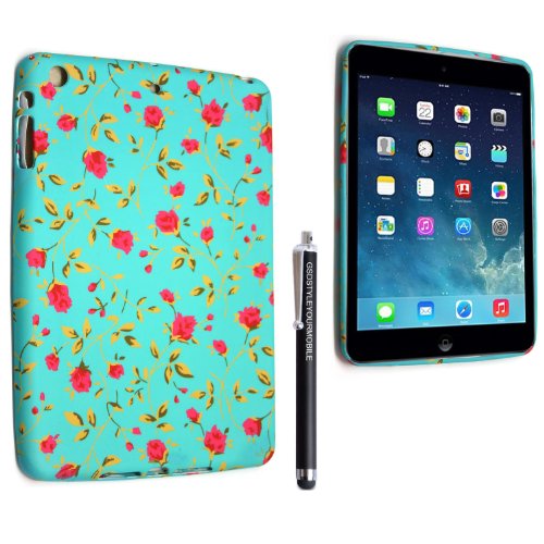APPLE IPAD MINI & IPAD MINI II 2 SILICONE SKIN GEL PROTECTION CASE COVER + STYLUS (Pink Flower on Green)