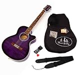Produkt-Bild: Design 4/4 Akustik Westerngitarre mit Motivdruck in Flieder Lila + Zubeh&ouml;r-Set: gepolsterte Gitarrentasche, Gurt, Ersatzsaiten und Stimmpfeife