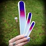 Czech Glass Nail File - 3 Piece Nail Kit + Nail Stick - Large Pedicure Glass File, Medium & Small Nail Boards With Case - Purple and Magenta - Bona Fide Beauty