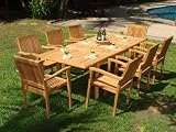 9 PC Teak Outdoor Patio - 94 Double Extension Rectangle Table, 8 Stacking Chairs