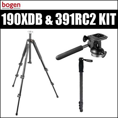 Manfrotto 190XDB 3 Section Aluminum Tripod & Manfrotto Manfrotto 391RC2 Pan Tilt Head with RC2 Quick Release w/ BONUS Monopod