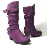Girl's Mid Calf Slouchy High Heel Suede Boots Purple 9-4
