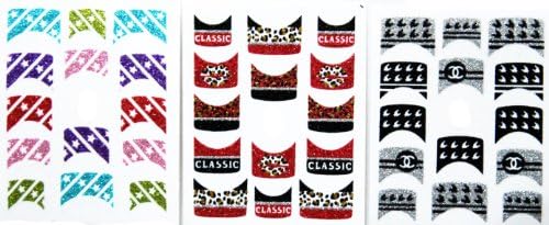LD Glitter French Tip Nail Art Polish Film / Stickers for Hands / Pack Of 3 With Bonus Flower Stickers