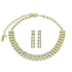 Gold Tone Bridal Bridesmaid Wedding Rhinestone 3-Row Choker Necklace Earrings Set - Ideal Gift For Anniversary, Engagement, Wedding, Birthday, Romantic For Her