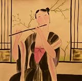 Chinese painting Original Hand Painted Watercolor - Woman playing the flute in springtime