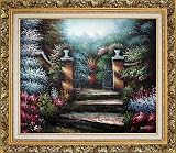 Amazing Garden Entrance Oil Painting, with Ornate Antique Dark Gold Wood Frame 26 x 30 inches