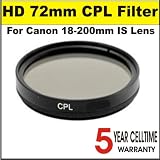 High Definition 72mm Circular Polarizer Filter for Canon 18-200mm IS Lens + 3 Year Celltime Warranty