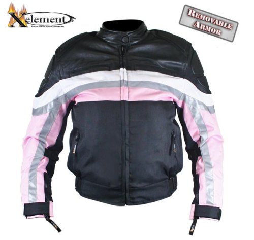 Women's Armored Motorcycle Black & Pink Cordura with Leather Trim Jackets - Size : Medium