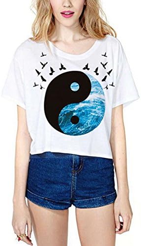 Chicnova Women's Cartoon Print Round Neck Short Sleeve T-shirt Casual Crop Top (One Size, White(Tai Ji))