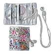 Silky Embroidered Brocade Jewelry Travel Organizer Roll Pouch - Silver Grey