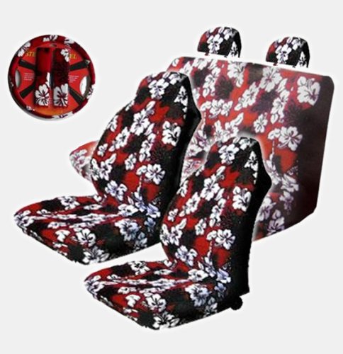 img View detail 9pc Red Hawaiian Hibiscus Seat Covers Combo Front High Back Seat Covers Bench Rear Cover Steering Wheel Cover and a Set of Shoulder Pads from amazon.com