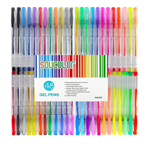 Soucolor 48 Piece Multicolor Gel Pens Set - Ideal for Adult Coloring Books ,Scrapbooking,Doodling,Drawing and Craft
