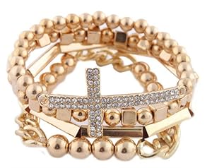 Ladies Gold 4 Piece Bundle of Iced Out Cross, Link, & Bar Chain Beaded Stretch Bracelet