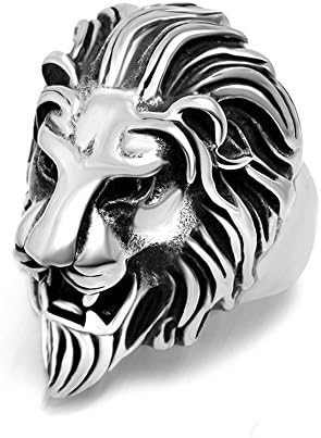 Kardiar Men's 316L Stainless Steel Lion Head Vintage Biker Ring Silver Black Size 9
