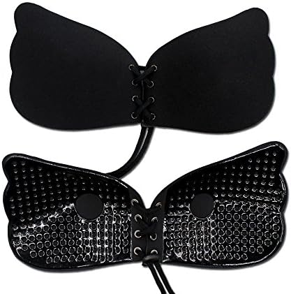 Lovehope adhesive push up backless strapless invisible bras with healthy biological glue good for your skin (D, Black)