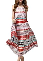 Sexy Striped Print Floral Print Round Neck Chiffon Vintage Shift Sleeveless Maxi Dress 