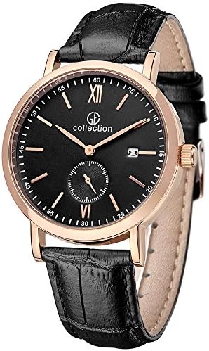 GE Collection Men's Running Watches Vintage Black Leather Strap Second Dial Rose Gold Case