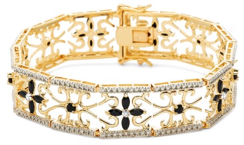 Yellow Gold Overlay Sterling Silver Sapphire Flowers w/ Diamond Accent Bracelet, 7.5