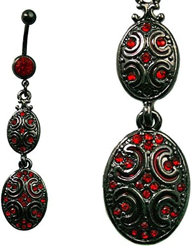 Anodized Black Surgical Steel Belly Ring w/ Dangling Oval Vintage Design w/ Pink & Red Gem - Red