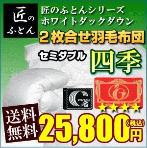 日本製　2枚合わせ羽毛布団　エクセルゴールドラベル　四季　セミダブル チェリバリーホワイトダックダウン90％ (白無地)