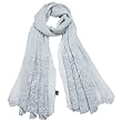 100% Silk Crepe Embroidered and Beaded Flower Hand Rolled Wavy Edges Long Scarf Shawl - Gray