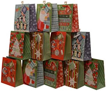 Assorted Christmas Gift Bags, glitter accents, medium, pack of 12 bags