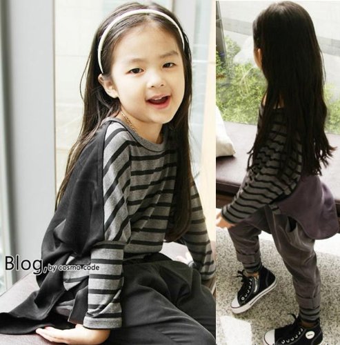 【韓国子供服】【ブラック】【グレー】ボーダー柄・切替え ドルマン袖 カットソー／BLOG