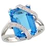 10k White Gold Large Stone Rectangular Ring, w/ 0.04 Carat Brilliant Cut Diamonds & 7.94 Carats (12x10mm) Emerald Cut Blue Topaz Stone, 11/16 in. (17mm) wide, size 7.5