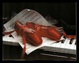 Ballet Slippers On Piano Music White Wood-Mounted Art Poster Print - 20" X 16"