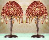 Two Red and Orange Beaded Table Lamps with Raindrop Crystal Beads