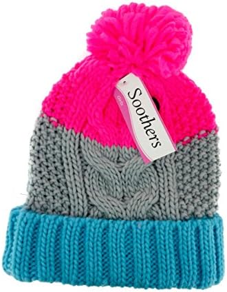 Soothers Girls Pom Beanie Warm Ribbed Knit Hat - Blue/Fuchsia