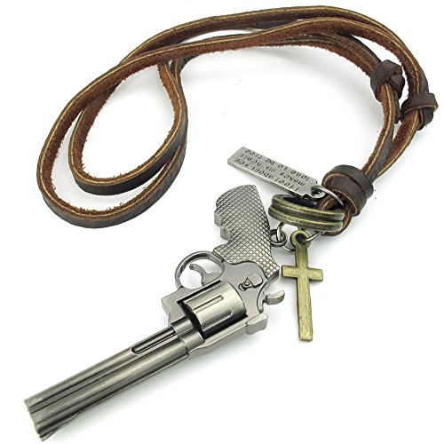 KONOV Mens Army Style Cross Handgun Gun Pendant Adjustable Leather Cord Necklace Chain, Brown