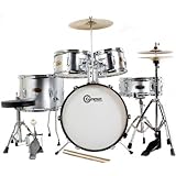 Silver Drum Set 5 Piece Junior Kids Childrens Kit with Cymbals Stick Chair