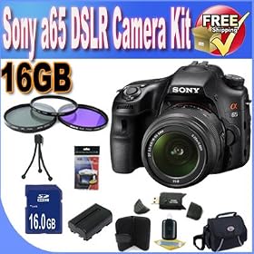 Sony A65 24.3 MP Translucent Mirror Digital SLR With 18-55mm Lens + 16GB SDHC Memory + Extended Life Battery + SDHC Card Reader + Deluxe Case w/Strap + 3 Piece Filter Kit + Memory Card Wallet + Mini Tripod + Accessory Saver Bundle!