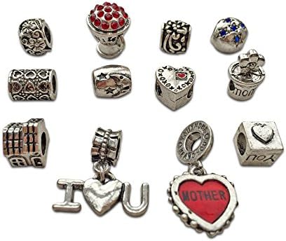 Antique Silver Starter European Charm Bracelet Beads Fits Pandora Jewelry Rhinestone - I Love You Mom with Red Heart