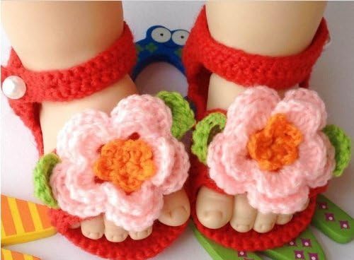 Hip Mall 100% Handmade Crochet Booties Red Socks Lovely Baby Infant Slipper Shoes Pink Flower for Newborn as Baby Shower Pretty Gift