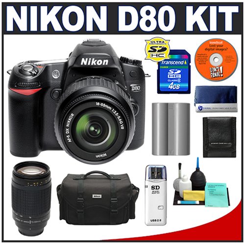 Nikon D80 10.2MP Digital SLR Camera with 18-55mm VR DX + Nikon 70-300mm f/4-5.6G Autofocus Zoom Lens + 4GB SecureDigital (SDHC) Card + Card Reader + Nikon EN-EL3e Battery + Nikon Case