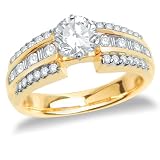 14k Yellow Gold Round Diamond Engagement Ring w/ Channel-Set Baguette and Round Diamonds (1/2 ct center, 1 cttw, G-H Color, SI2-I1 Clarity)